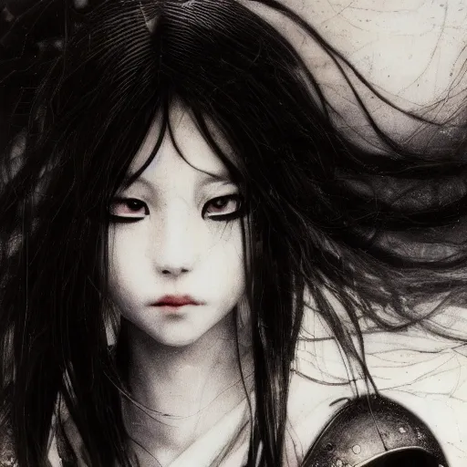 Image similar to yoshitaka amano blurred and dreamy grainy photo of an anime girl with black eyes, wavy white hair and cracks on her face near eyes wearing elden ring armour with the cape fluttering in the wind, abstract black and white patterns on the background, noisy film grain effect, highly detailed, renaissance oil painting, weird portrait angle