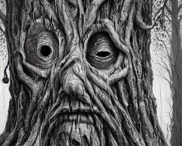 Image similar to a talking oak tree, a face in the bark, nose made of wood, eyes in the bark, mouth in the bark, horror concept art, scary, sharp teeth, digital painting, oil painting, hyperrealistic, treebeard, ent, highly detailed, moonlight, very detailed eyes, artstation, cgsociety, in the forest, by alan lee, by artgerm