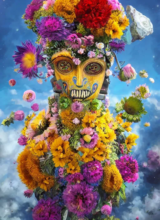 Prompt: An epic fantastic realism comic book style painting of the most beautiful flowers launched into space, bouquets, Shamanic Mask made of flowers, fisheye lens, unreal 5, DAZ, hyperrealistic, octane render, dynamic lighting