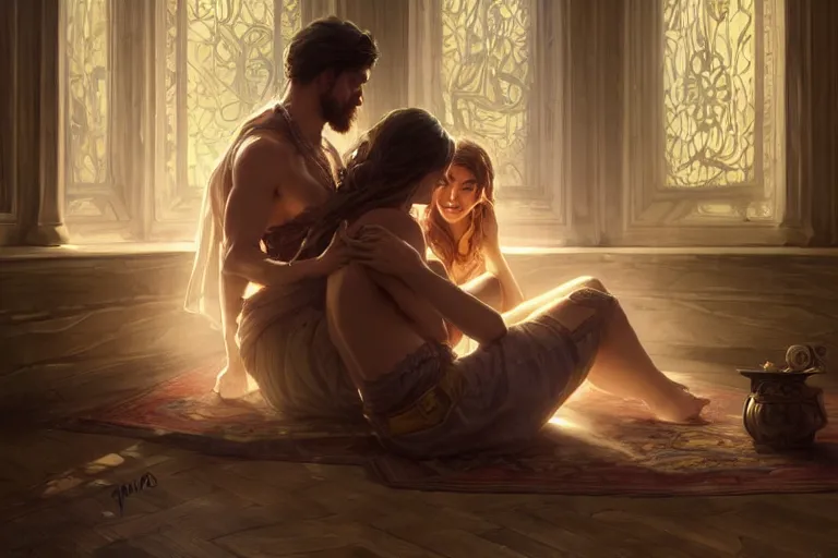 Prompt: close up of man and woman sitting on the floor while hugging each other in the living room, deep focus, d & d, fantasy, intricate, elegant, highly detailed, digital painting, artstation, concept art, matte, sharp focus, illustration, hearthstone, art by artgerm and greg rutkowski and alphonse mucha