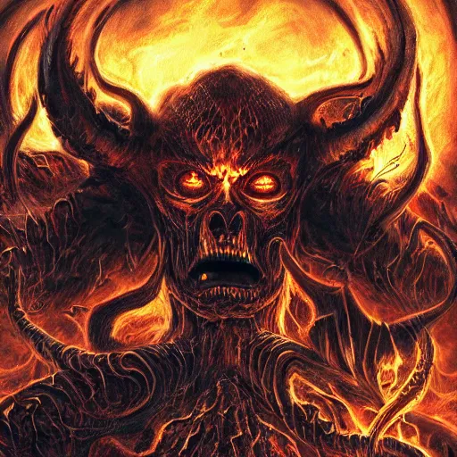 Image similar to wide-angle camera shot of a menacing demonic figure wrapped in spiraling hellfire and brimstone, metal album cover, demon staring into the camera, detailed digital art trending on artstation.