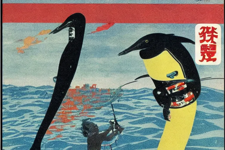 Prompt: 1 9 7 9 omni magazine cover of japanese cormorant fishing near tokyo. art in cyberpunk style by dali, and vincent di fate