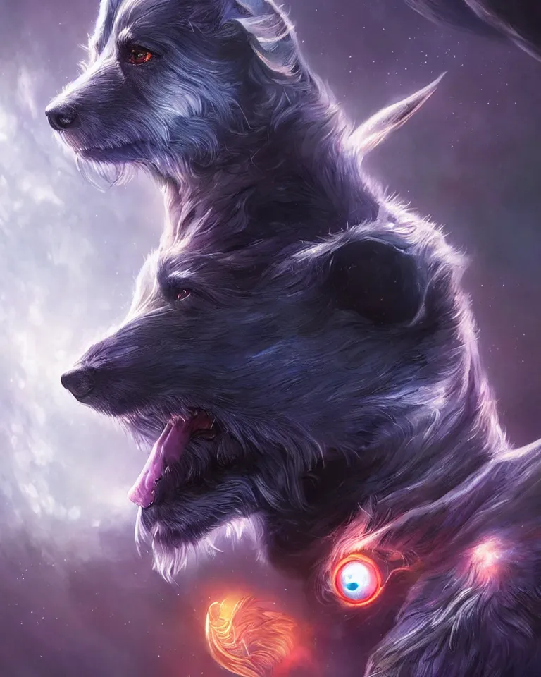 Image similar to beautiful cinematic fantasy poster, cartoon dog. beautiful glowing galaxy eyes, hybrid from The Elden Ring and art direction by Darius Zawadzki ;by artgerm; wayne reynolds art station; cinematic quality character render; low angle; ultra high quality model; production quality cinema model