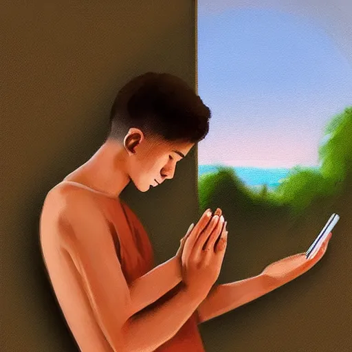 Prompt: a male teenager praying for a divine smartphone in front of him, digital art
