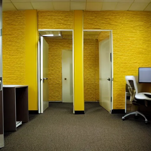 Image similar to low quality photo of the backrooms, mono - yellow old moist carpet randomly connected infinite empty office space yellow colors warm light ominous yellow wallpaper 9 0 s