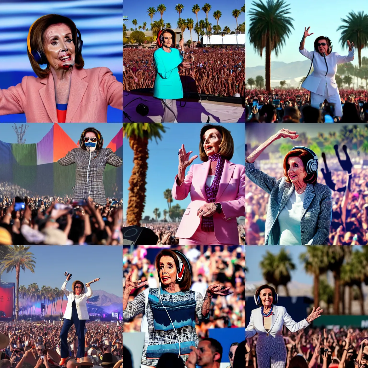 Prompt: Nancy Pelosi with big dj headphones playing on the stage of Coachella with a full crowd realistic