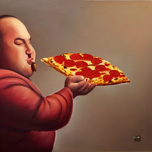 Image similar to oil painting of a fat slob eating a pepperoni pizza, dramatic lighting, dramatic lighting, beautiful, epic, glorious, extreme detail, 4k