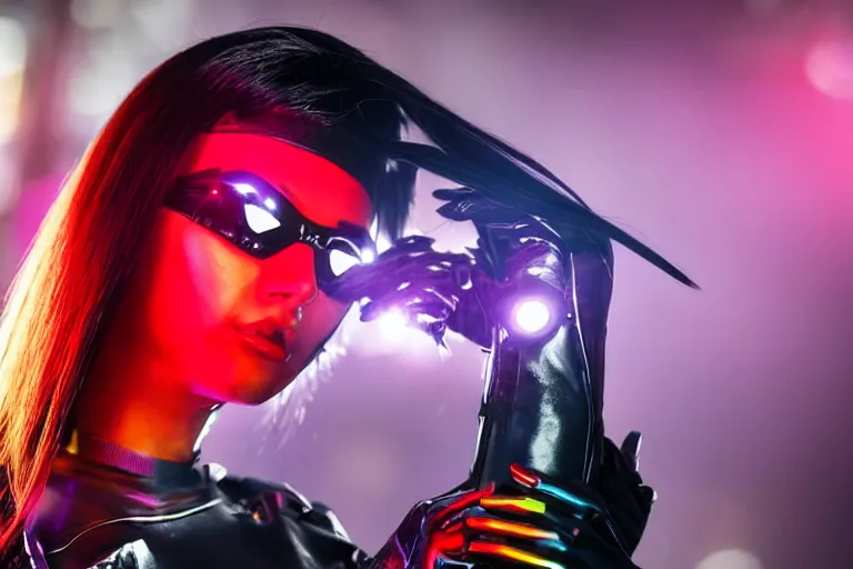 Prompt: closeup gorgeous young trained female cyberpunk assassin, sunglasses, died hair, shag cut, fit geisha futuristic catsuit, hero pose colorful city lighting, night by emmanuel lubezki