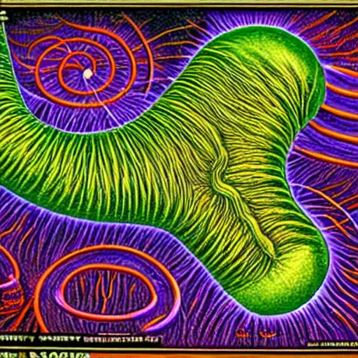 Image similar to nematodes, microscopy, microscope, Alex Grey, science, scientific, journal, vintage, colorful