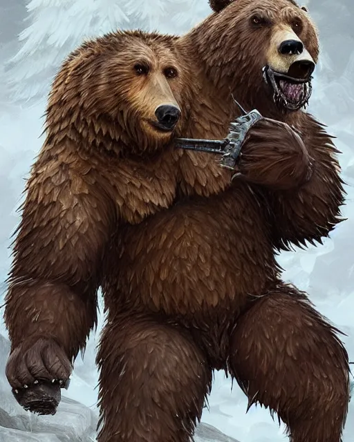 Image similar to anthropomorphic rugged grizzly bear!!! with furry!! oversized barbarian muscular armored upper body, action battle pose,long hair, 👅 👅 , D&D, fantasy, intricate, elegant, highly detailed, digital painting, artstation, concept art, smooth, sharp focus, illustration, art by artgerm and beeple and greg rutkowski and alphonse mucha