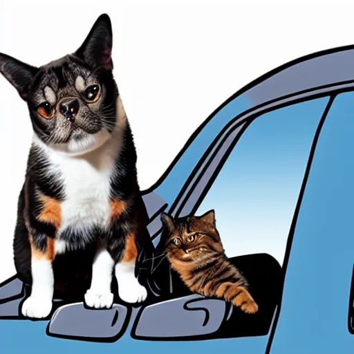 Image similar to dog and cat driving a car with obama sitting on top of car