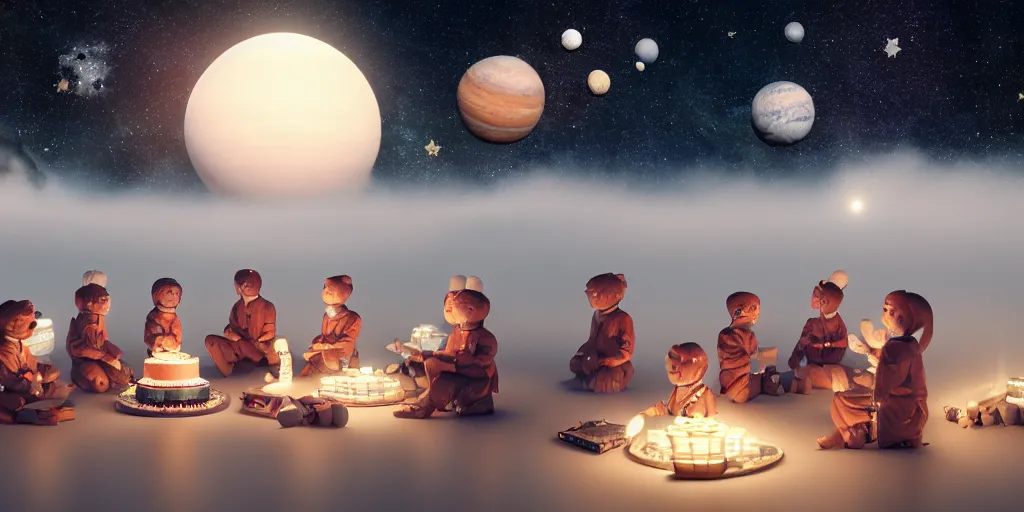 Image similar to twelve astronauts sitting by the river with a big holiday cake + octane render + planets and stars + mystical fog, super detail, high quality