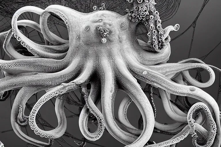 Prompt: a close up of an octopus's body and tentacles, a computer rendering by earnst haeckel, trending on zbrush central, neoplasticism, lovecraftian, zbrush, biomorphic, midjourney, dall - e, nightcafe