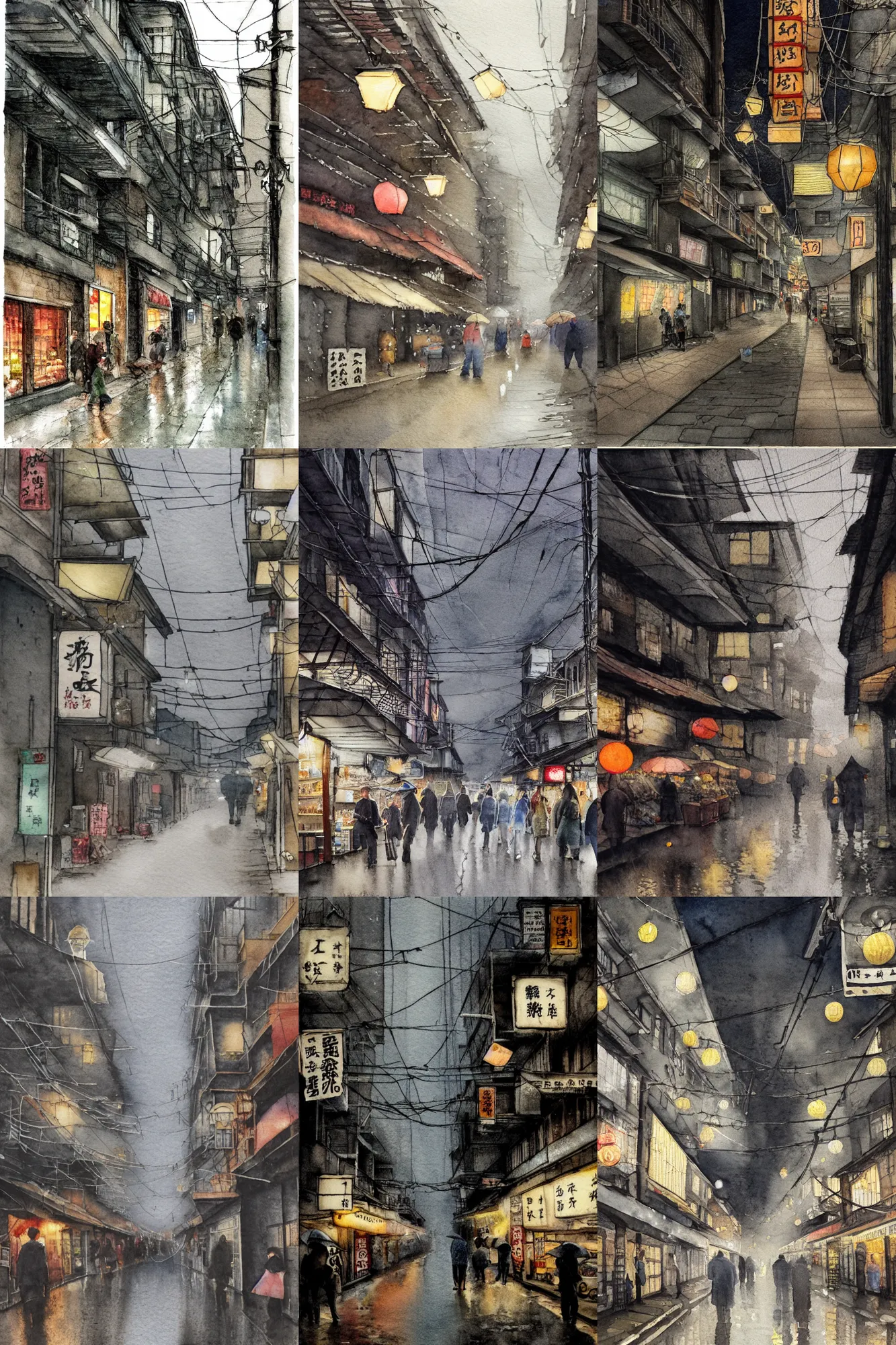 Prompt: street scene, low angle, tatsuyuki tanaka, night time, dim lighting, detailed watercolor, paper texture, movie scene, old japanese street market, people shopping, wet ground, raining, misty, only light is from small lit lanterns strung between buildings, texture, grey cobble stones, dust, overhead wires, telephone pole, dusty, pencil marks, hd, 4k, remaster, dynamic camera angle, deep 3 point perspective, fish eye, dynamic scene