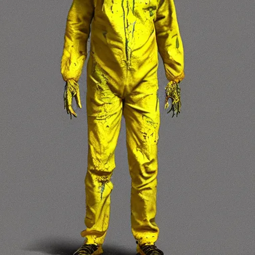 Prompt: A Zombie in a yellow dirty ripped hazmat suit, Realistic Concept art, Detailed