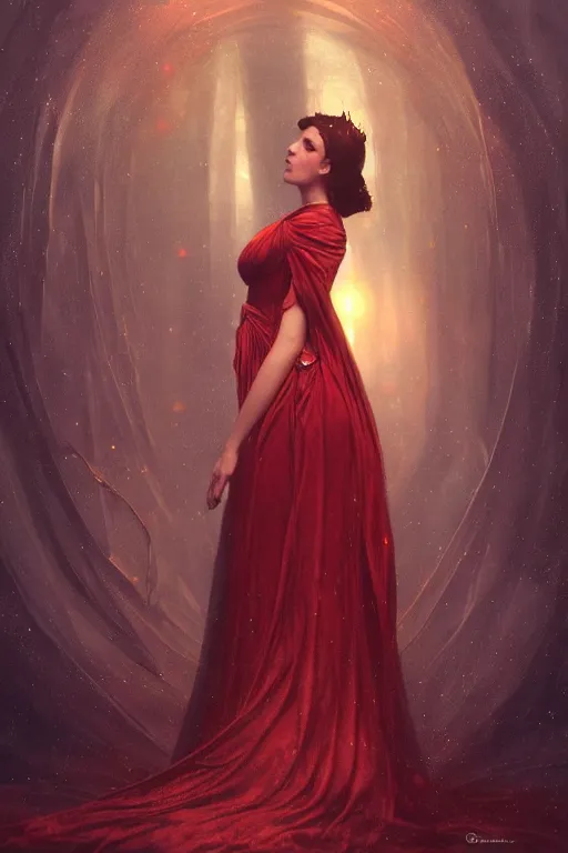 Image similar to a dark fantasy world, glowing, stars, a long-legged elegant evil woman, mysterious, ethereal, dressed in red velvet, haute couture, illustration, dramatic lighting, soft details, painting, by Edmund Blair Leighton, Brom, Charlie Bowater, trending on artstation, faces by Tom Bagshaw, Sargent