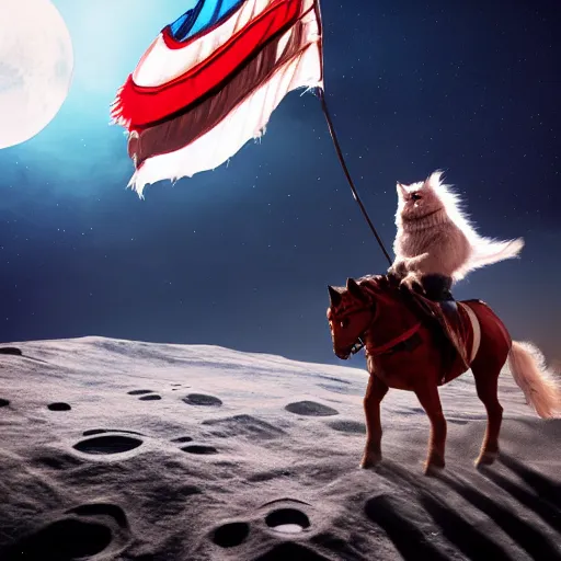 Image similar to A hyper real comic book style portait painting of a persian cat man riding a horse on the moon, Chile flag on the ground, unreal 5, hyperrealistic, octane render, cosplay, RPG portrait, dynamic lighting