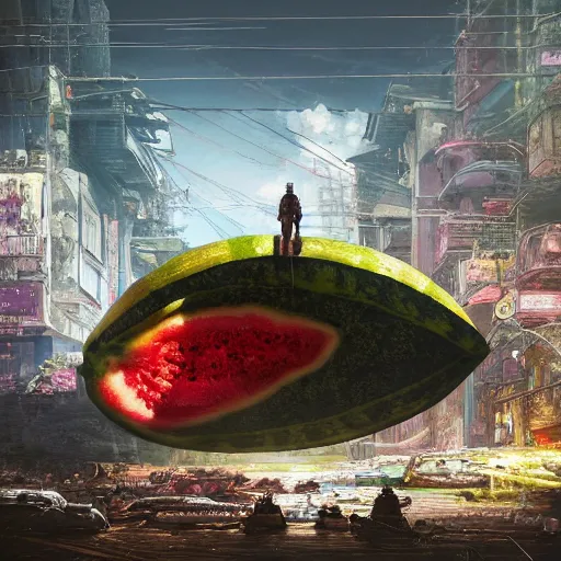 Prompt: Concept Digital Art Highly detailed giant Watermelon warlord protecting Ukrainian city from Orks by Taras Shevchenko and Stephen Hickman and Beeple. Very highly detailed 8K,Pentax 67, Kodak Portra 400 in style of Hiromasa Ogura Ghost in the Shell, the golden ratio, rational painting