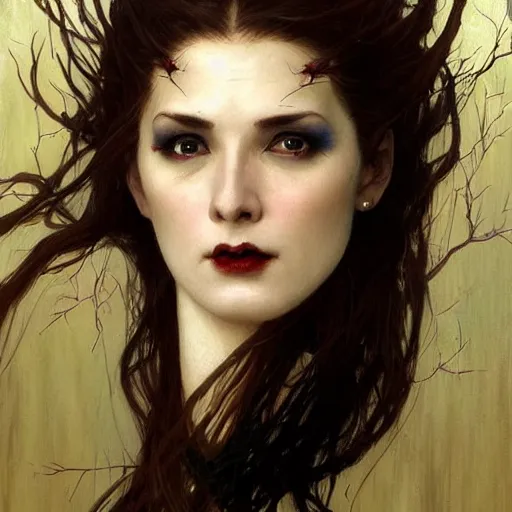 Image similar to portrait of a menacing beautiful vampire, head only, headshot, by Stanley Artgerm Lau , greg rutkowski, thomas kindkade, alphonse mucha, loish, norman rockwell, J. C. Leyendecker. hair waving in the wind, pale skin, sinister complexion, thorn crown, image bordered by thorns, thorn background. D&D, fantasy. Trending on artstation rule of thirds extremely detailed illustration hd 4k