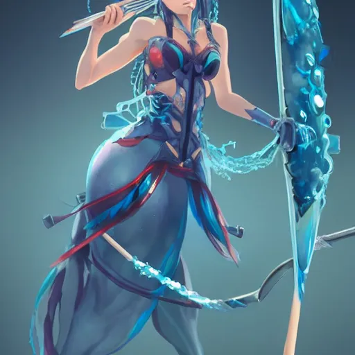 Prompt: an anime woman in an outfit made of water is doing a trick with bow and arrow, concept art by senior character artist, polycount contest winner, process art, concept art, 2d game art, full body, mid shot, artstation hd