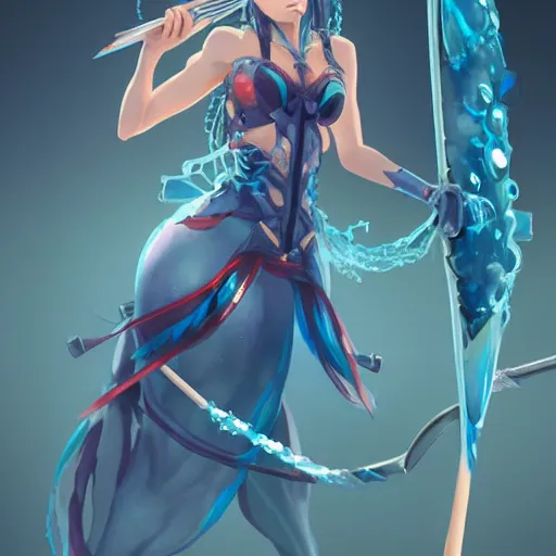 Image similar to an anime woman in an outfit made of water is doing a trick with bow and arrow, concept art by senior character artist, polycount contest winner, process art, concept art, 2d game art, full body, mid shot, artstation hd