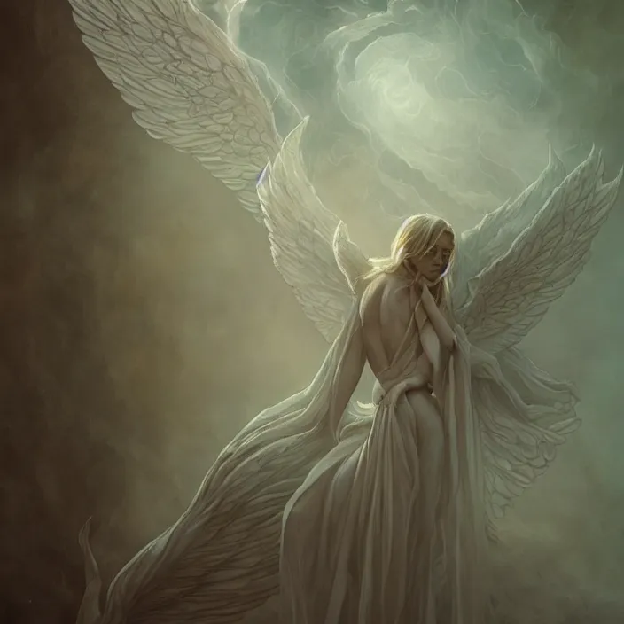 Prompt: faceless lovecraftian angel in flowing robe, full figure model with wings descending from clouds linework, dramatic lighting, charlie bowater, jack kirby, tom bagshaw, arstation trending, intricate detail, elegant flowing vapor, moebius