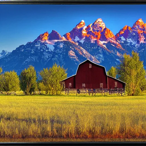 Image similar to a panoramic painting of the grand tetons with warm morning light shining on the mountains and a barn from mormon row in the forground