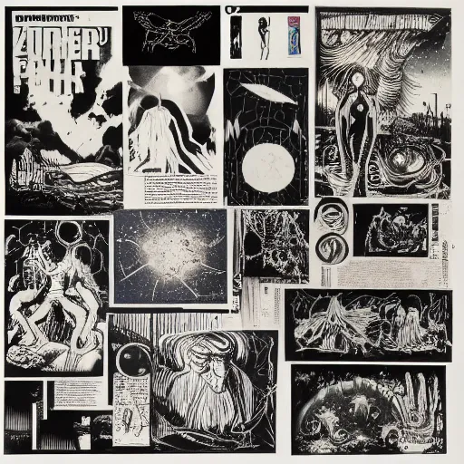 Image similar to 1980 xerox fanzine cutout collage, midnight hour on Jupiter, punk party, ancient greek, aquatic plants, painted part by Addy Campbell, part by dan mumford, part by zdzisław beksiński, composition by neo rauch
