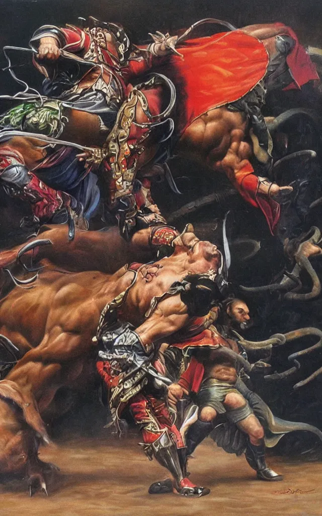 Image similar to a bullfighter being pushed out of the bull square by a giant minotaur, airbrush fantasy 80s, masterpiece album cover with black gradient on edges