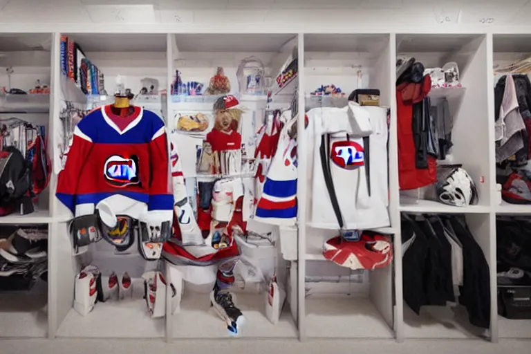 Image similar to habs hockey dressing room, style of studio ghibli + moebius + basquiat, cute,