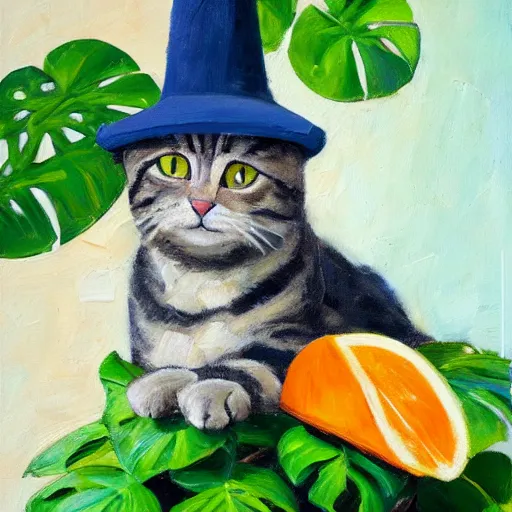 Image similar to palette knife oil painting of a cat wearing a chefs hat sitting on a monstera plant