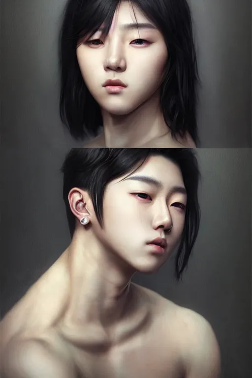 Prompt: photorealistic portrait of a young butch kpop woman, handsome, female, masculine, upper body, fantasy, fierce, sharp features, intricate, elegant, highly detailed, digital painting, artstation, concept art, matte, sharp focus, illustration, art by artgerm and greg rutkowski and alphonse mucha