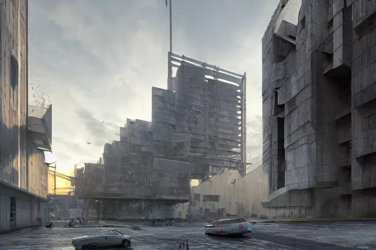 Image similar to streetscape, a towering cathedral of brutalist architecture, buildings covered with greebles, stunning volumetric light, sunset, metal, concrete and translucent material, stunning skies, majestic landscape, trending on Artstation, 8k, photorealistic, hyper detailed, unreal engine 5, IMAX quality, cinematic, epic lighting, in the style of Greg Rutkowski