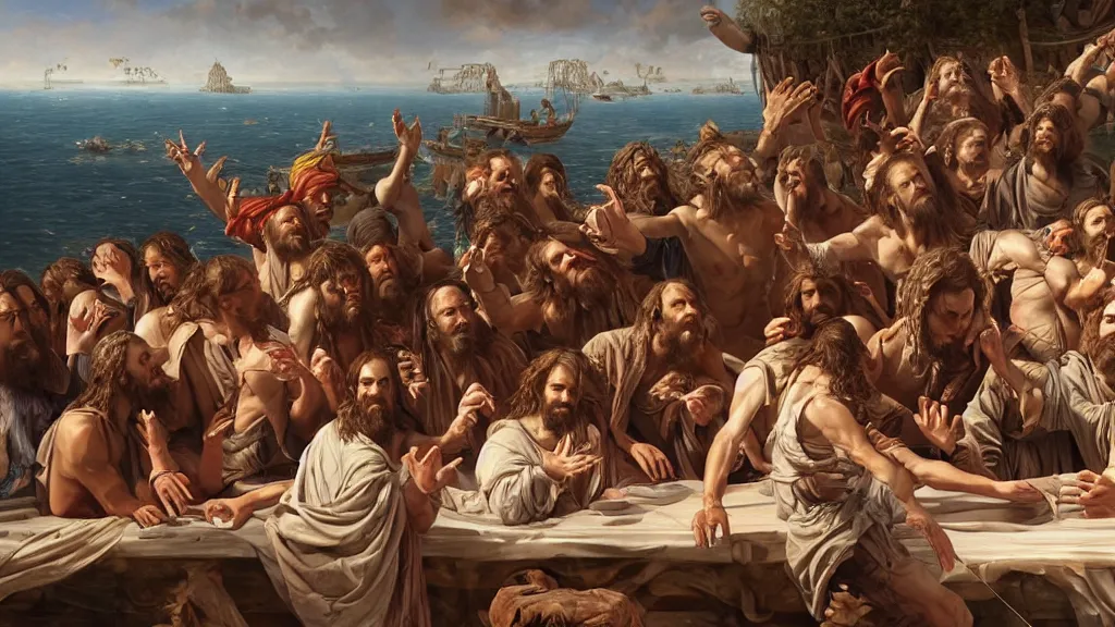 Image similar to a mix between the last supper, the raft of the medusa, sunny morning, matte painting, oil canvas, photorealistic illustration, extreme detail, hyper realistic, highly detailed, digital art
