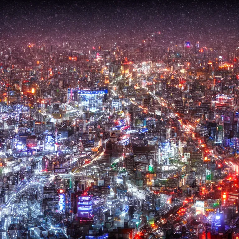 Prompt: beautiful and highly detailed 3 d render of tokyo with many lights and lens flares, snowy winter christmas night