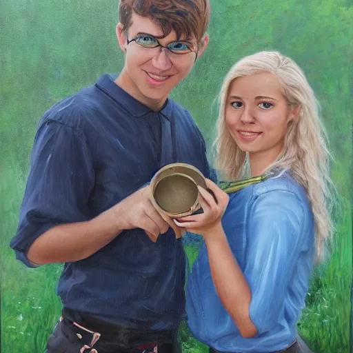 Prompt: a highly detailed painting of a young couple holding a tin can, hjalteyri, summer, blonde hair, trending on artstation,