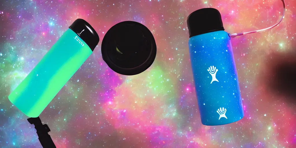 Image similar to hydro Flask, space, galaxy, glow, neon, closeup,