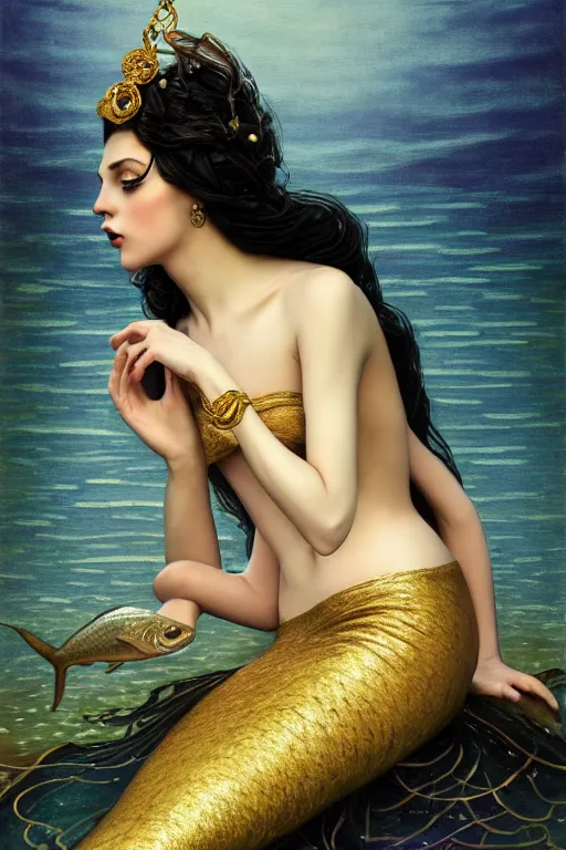 Prompt: a beautiful dark androgynous mermaid, pinup pose, long hair, tall and thin, wearing dozens of pendants and a gown of gold, illustration, dramatic lighting, soft details, painting oil on canvas, art nouveau, iridescent scales on her body, fish tail, octane render, HDR, 4k, 8k, HD, by Edmund Blair Leighton, Brom, Charlie Bowater, j.c. Leyendecker, faces by otto schmidt