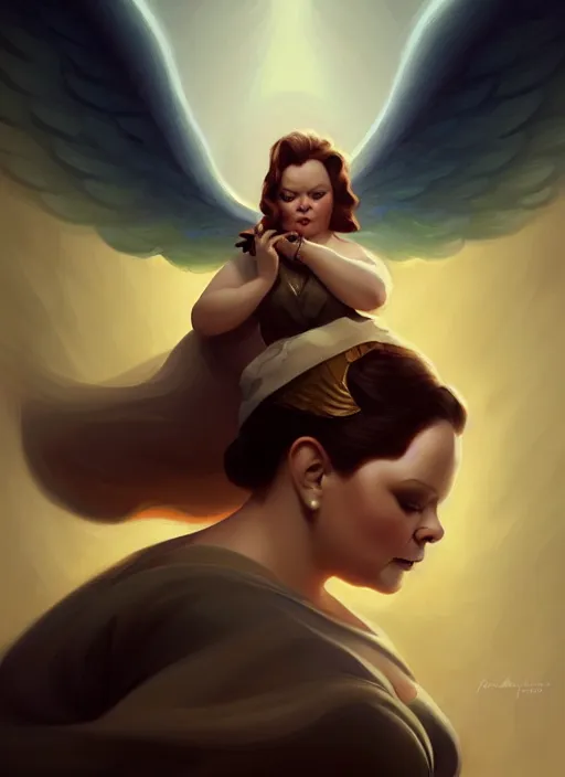 Image similar to melissa mccarthy as an angel, backround dark, highly detailed, digital illustration, trending in artstation, modern painting, smooth, sharp focus, intricate, by peter mohrbacher