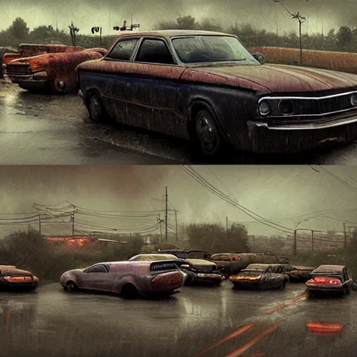 Image similar to a picture of a bunch of cars in the rain, a digital painting by scott listfield, cgsociety, sots art, apocalypse art, dystopian art, concept art