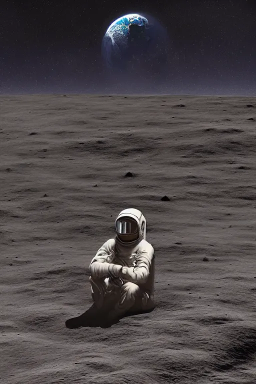 Prompt: Man sitting on the moon with a view of the earth in the background, digital painting, highly detailed, artstation, concept art, smooth, sharp focus, illustration.