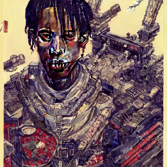 Prompt: a beautiful ukiyo painting of travis scott as a spacepunk battle space pilot, wearing space techwear, detailed close up portrait, intricate complexity, concept art, by takato yamamoto, wlop, krenz cushart. cinematic dramatic atmosphere, sharp focus, digital full likeness art. center frame