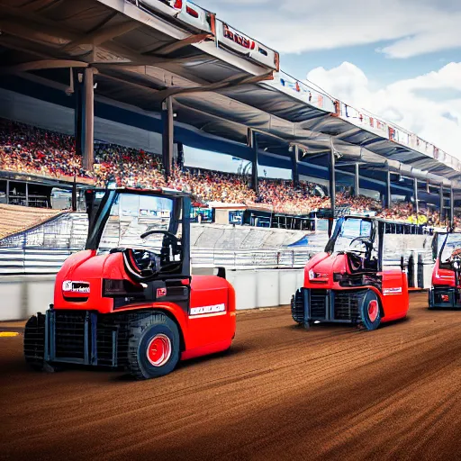 Prompt: a drag race of forklifts in a speedway, 4k, sports photography