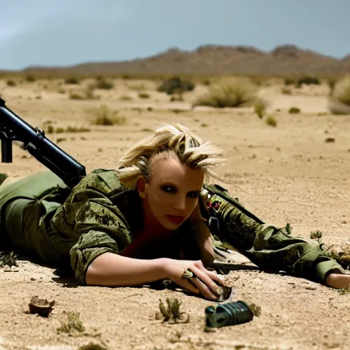 Image similar to cinematic shot of Britney Spears wearing green military clothes lying prone on the ground aiming a rifle in the desert, 8k, highly detailed, highly intricate, depth of field,