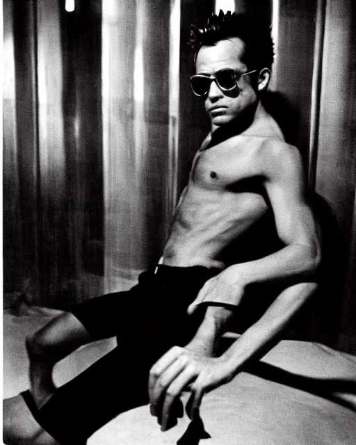 Prompt: Tyler Durden photographed by helmut newton, 1977, studio photography, award winning, cdx,