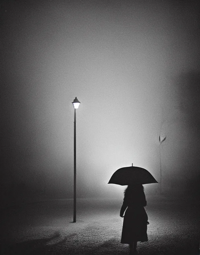 Image similar to “ quiet american neighborhood at night, a woman waiting with a black umbrella, photography in the style of gregory crewdson, mist, rule of thirds ”