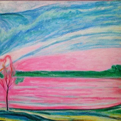 Prompt: Pink tree beside a large lake, landscape in the style of Edvard Munch