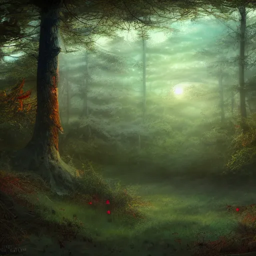 Prompt: the last sunset in the forest of dreams, 8k resolution, digital art, trending on art station