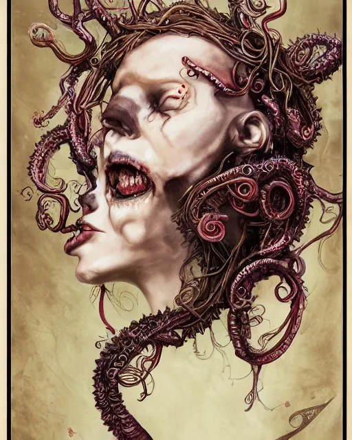 Prompt: centered horrific detailed side view profile portrait of a insane, crazed, mad zombie woman, ornate tentacles growing around, ornamentation, thorns, vines, tentacles, elegant, beautifully soft lit, full frame, by wayne barlowe, peter mohrbacher, kelly mckernan, h r giger