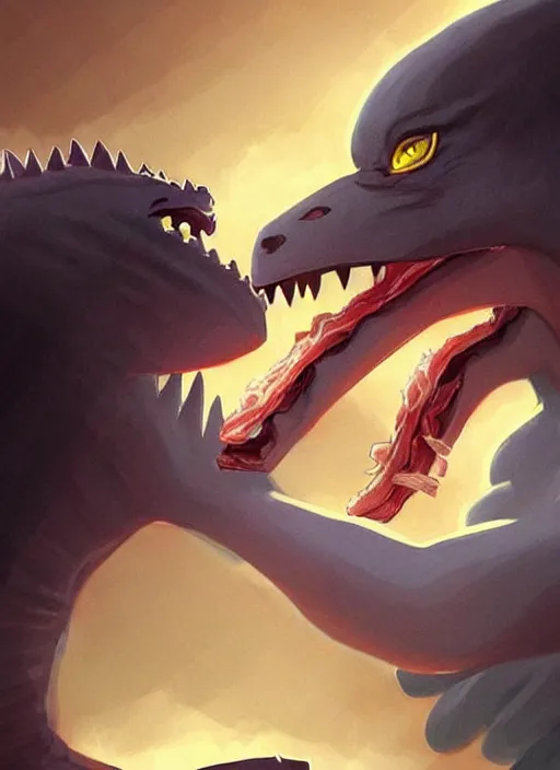 Image similar to beautiful portrait of Godzilla eating a ham sandwhich. character design by charlie bowater, ross tran, artgerm, and makoto shinkai, detailed, inked, western comic book art